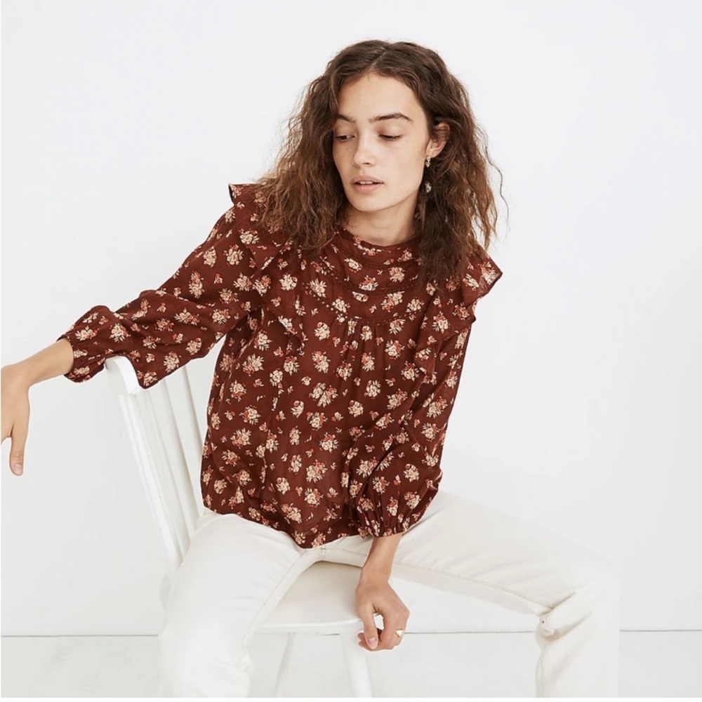 Madewell Ladder Trim Ruffle Top in Homestead Bouquet Floral Peasant Long Sleeve